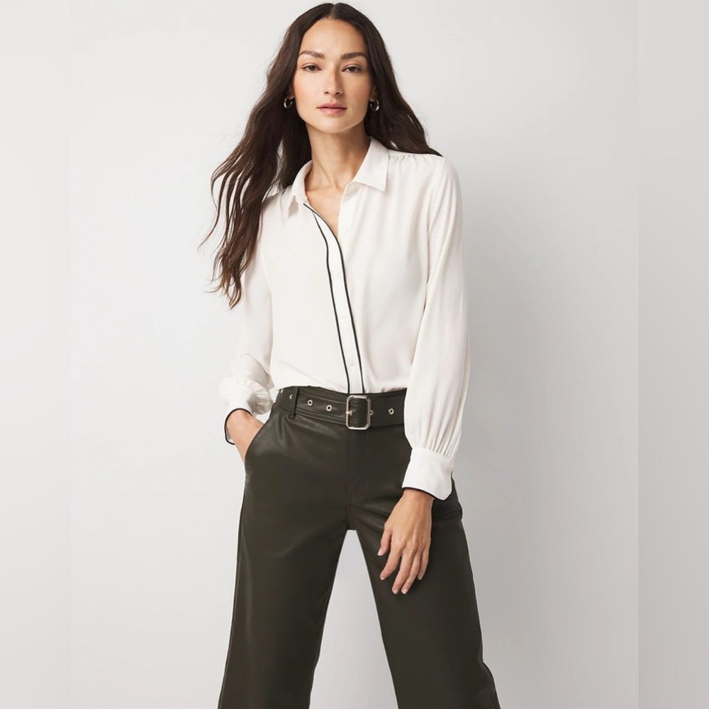 WHBM Long Sleeve Cream Blouse with Black Trim